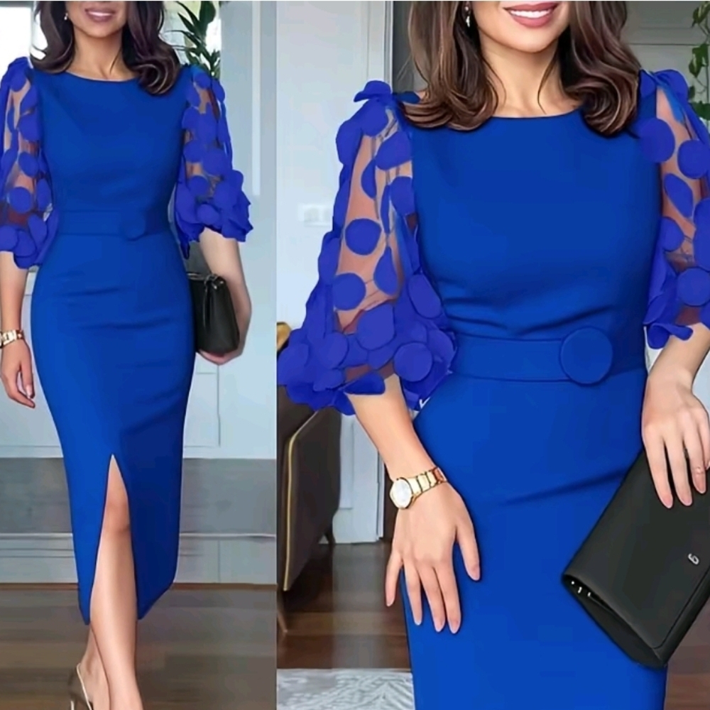 Chic Royal Blue Dress with Sheer Polka Dot Sleeves